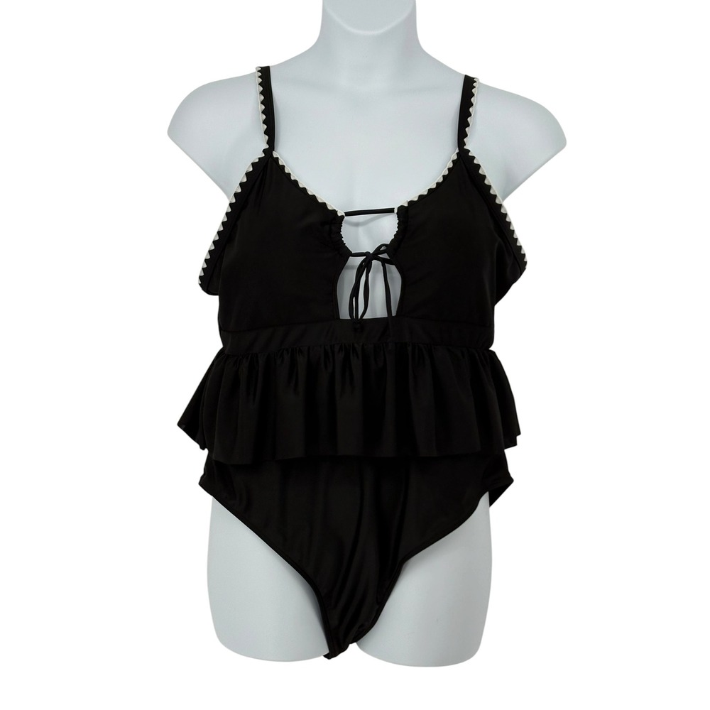 Unbranded One Piece Swimsuit Black Peplum Ric Rac Trim Lace Up‎ 3XL